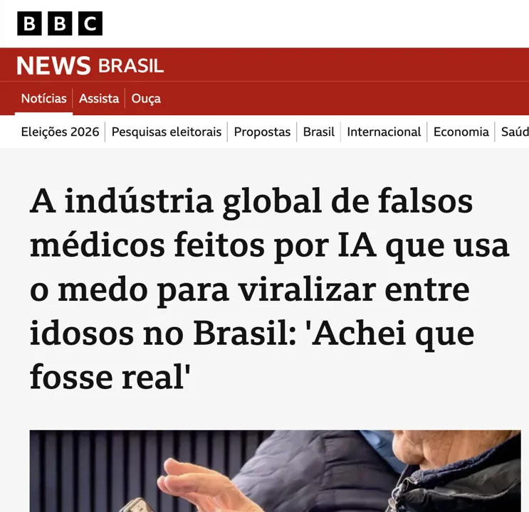 Manchete da BBC News Brasil sobre falsos médicos criados com IA
